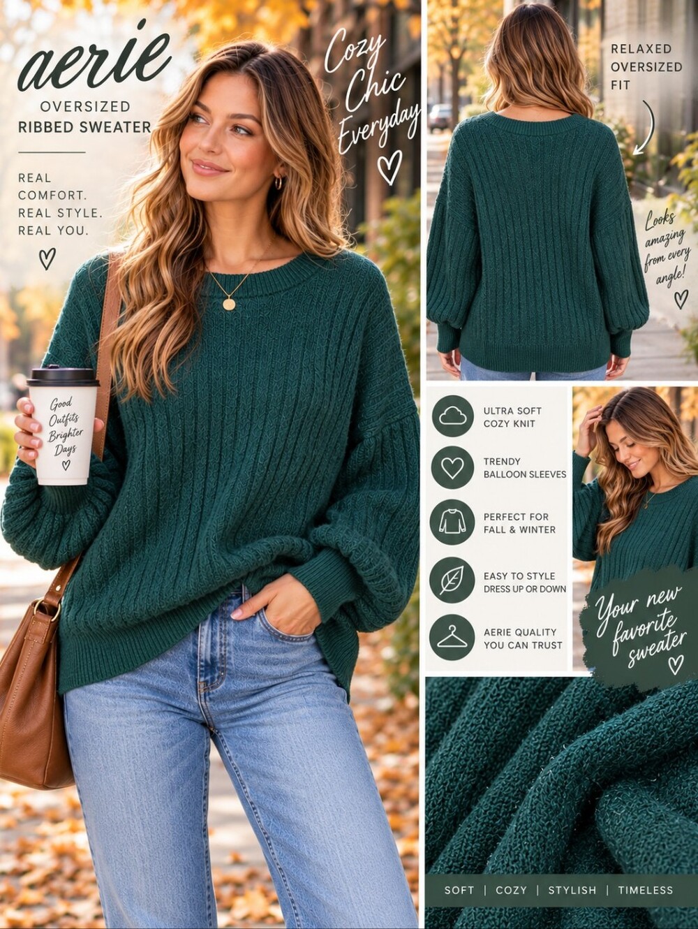 Aerie Oversized Ribbed Balloon Sleeve Sweater Green S/P Cozy Soft And Video